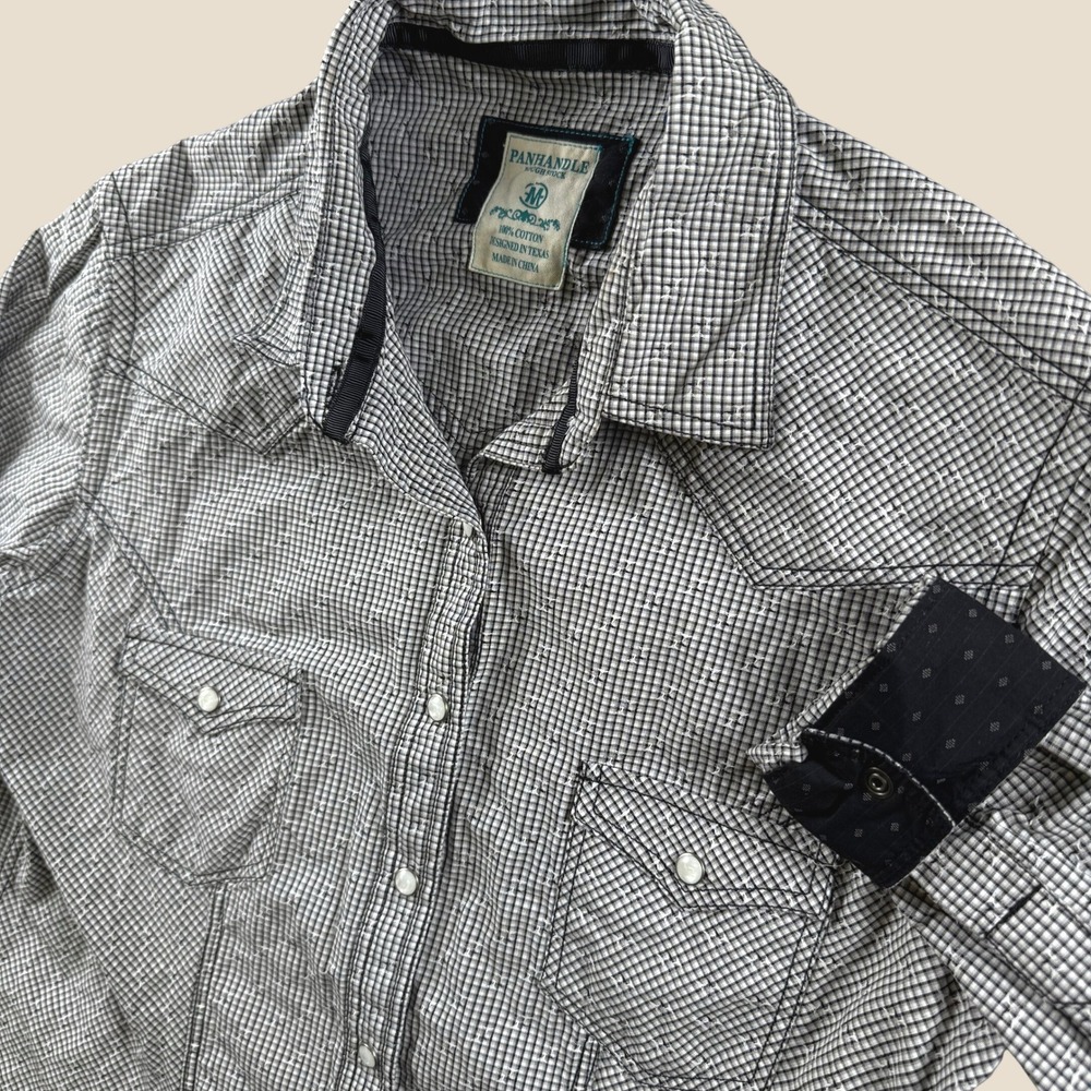 Panhandle Rough Stock Western Shirt Women M Black Pearl Snap Plaid Cowgirl Top